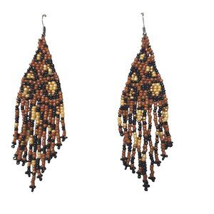 Black Brown Seed Bead Tassel Fringe Dangle Earrings